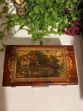 Wood Cedar Box Carved w Cottage Scene Gold Trim Vintage Character Footed Hinges